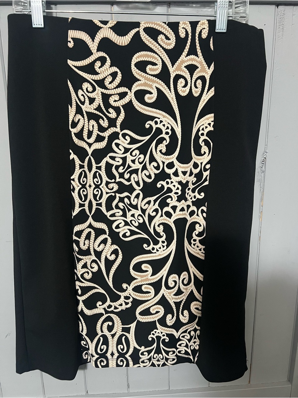 Black Pencil Skirt with Cream Scroll Panel